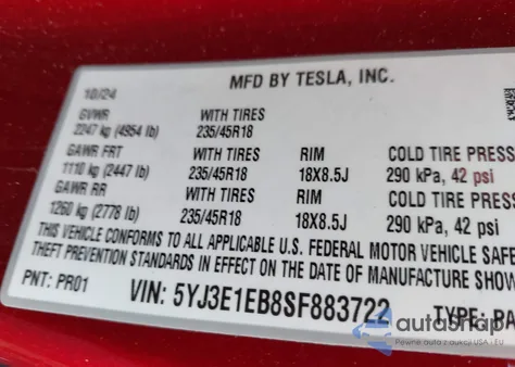 2025 Tesla Model 3 Long Range All-Wheel Drive z USA, uszkodzony, nr VIN 5YJ3E1EB8SF883722